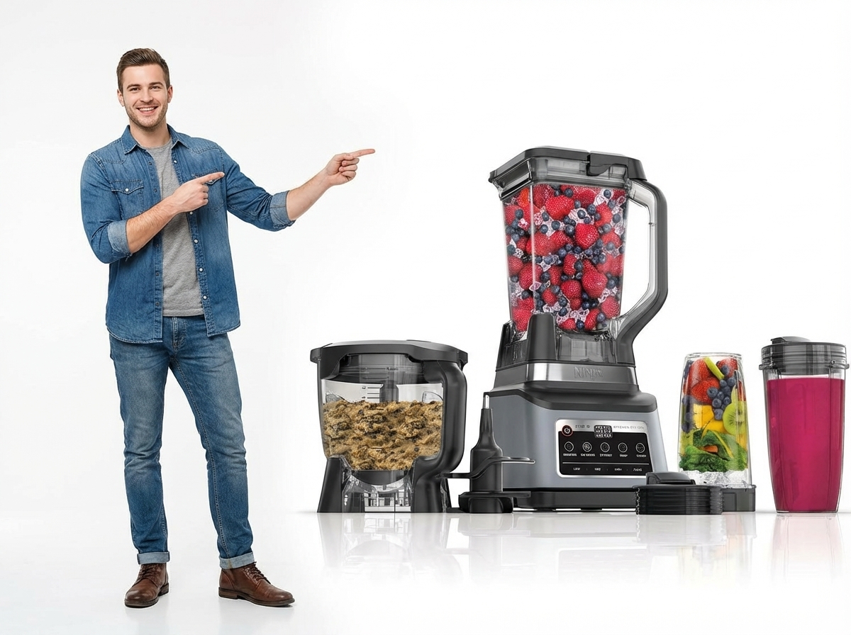 Ninja BN801 Professional Plus Kitchen System, 1400 WP, 5 Functions for Smoothies, Chopping, Dough & More with Auto IQ, 72-oz.* Blender Pitcher, 64-oz. Processor Bowl, (2) 24-oz. To-Go Cups, Grey