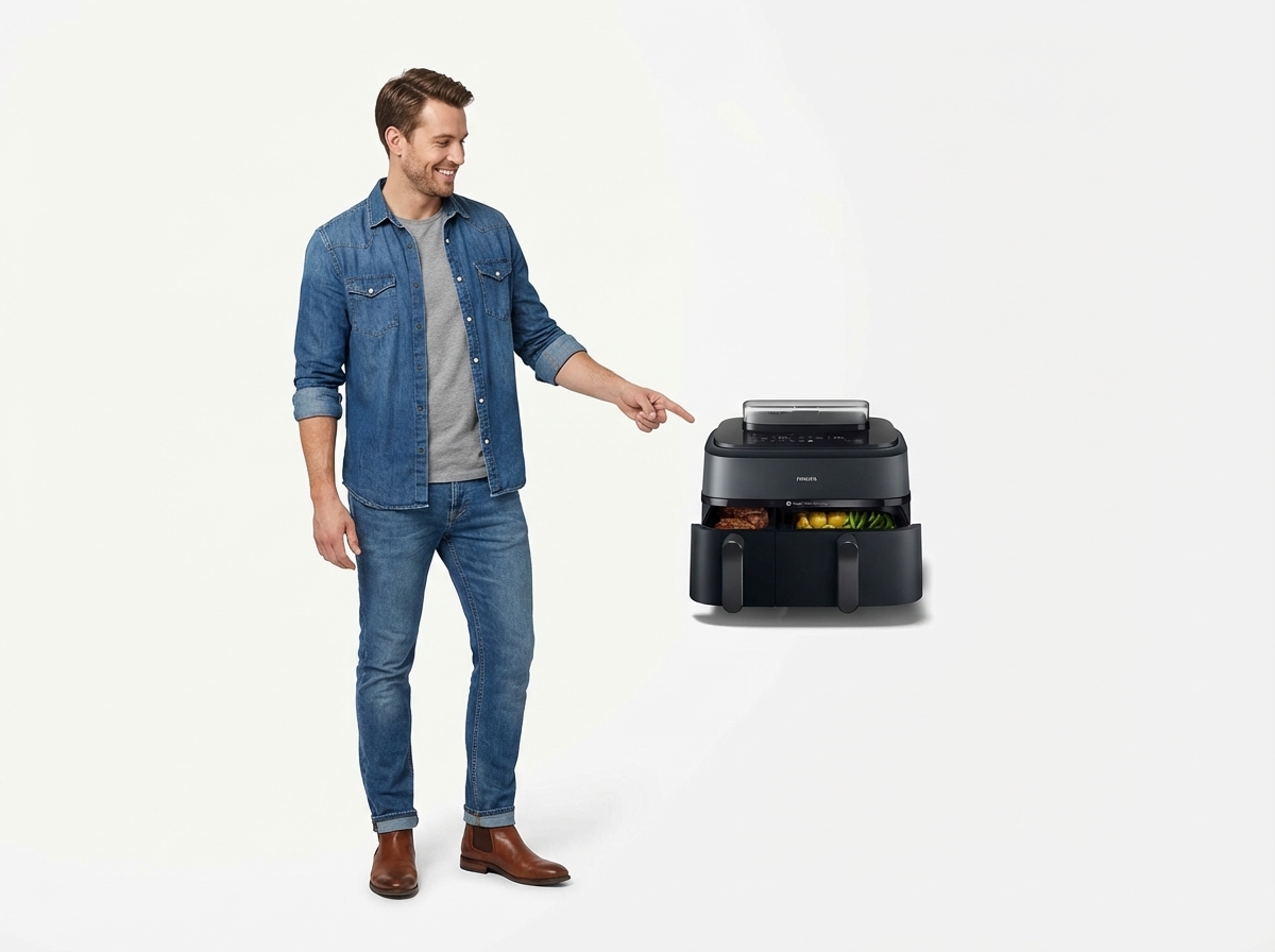 Philips Air Fryer Series 5000 Double Basket with Steaming - 9L, RapidAir Plus, 19 Cooking Modes, 90% Less Fat, AirSteam, Steam Cleaning, Accessories (NA550/00)